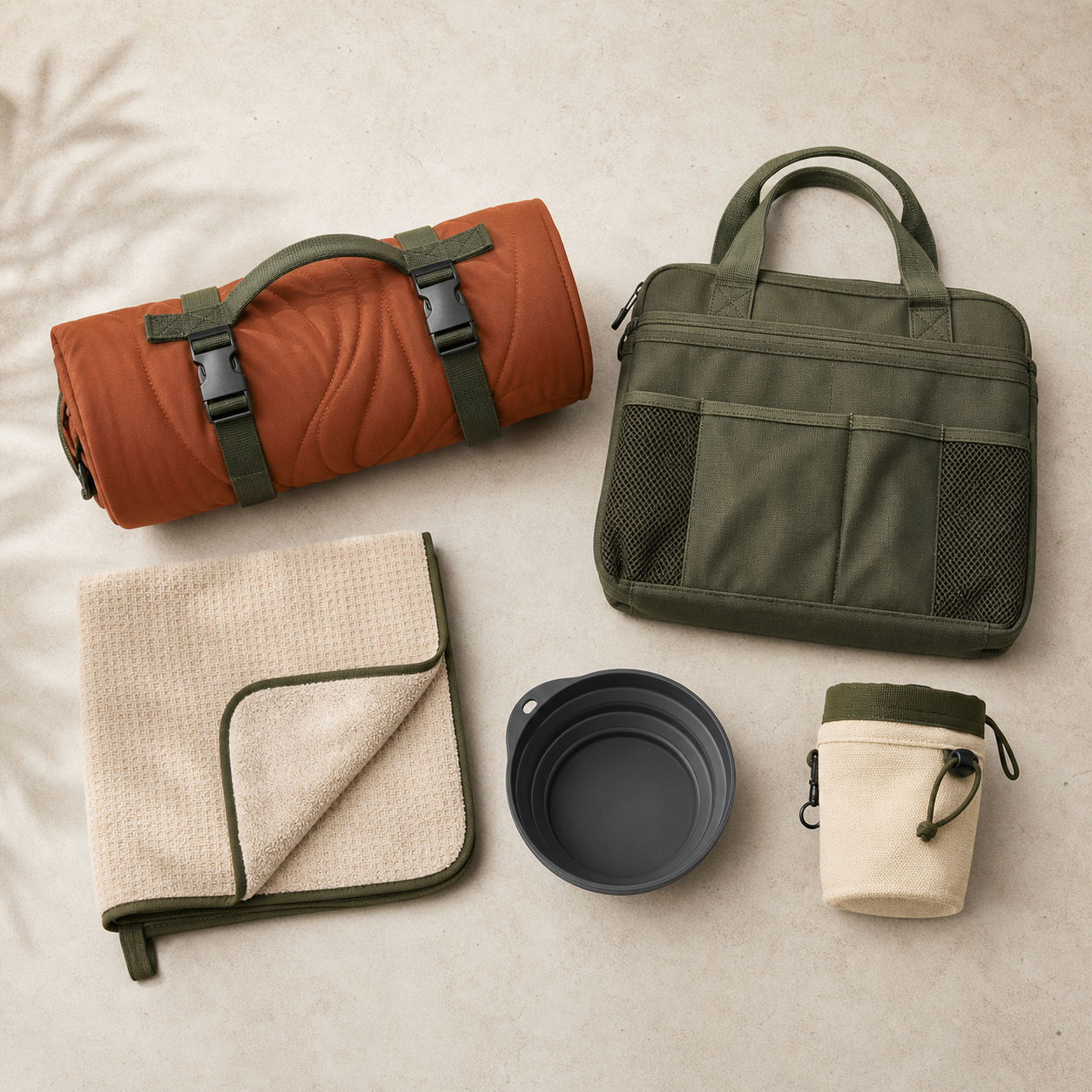 Coordinated dog travel kit laid out on stone